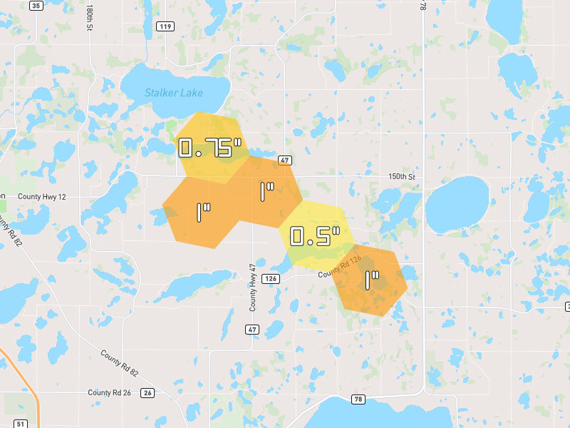 Hail map of Dalton, MN on Jul 7, 2026, hail up to 1"