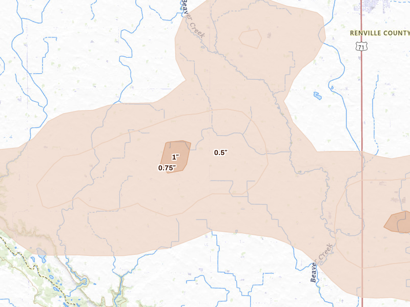 Radar-estimated hail-size map of the storm over Danube, MN on May 24, 2026