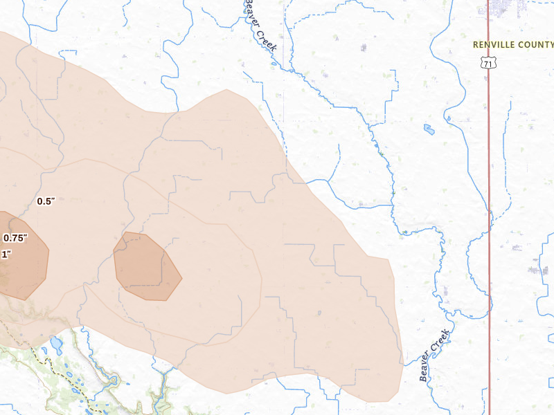 Radar-estimated hail-size map of the storm over Danube, MN on Jul 19, 2026
