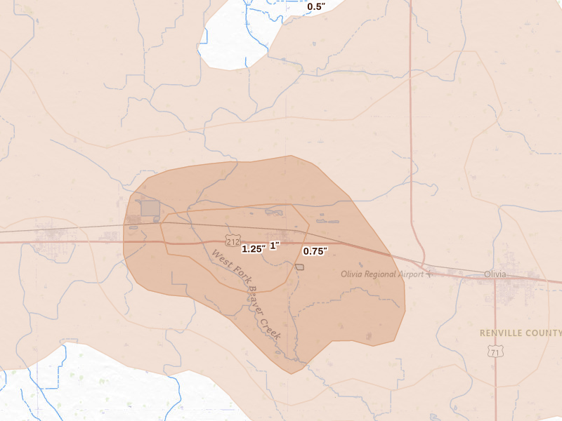 Radar-estimated hail-size map of the storm over Danube, MN on Aug 7, 2026