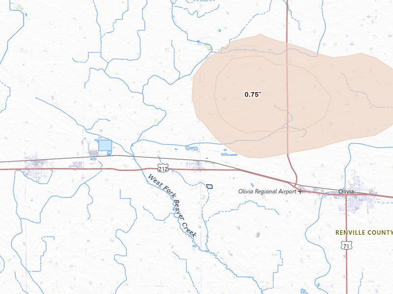 Radar-estimated hail-size map of the storm over Danube, MN on Aug 17, 2026