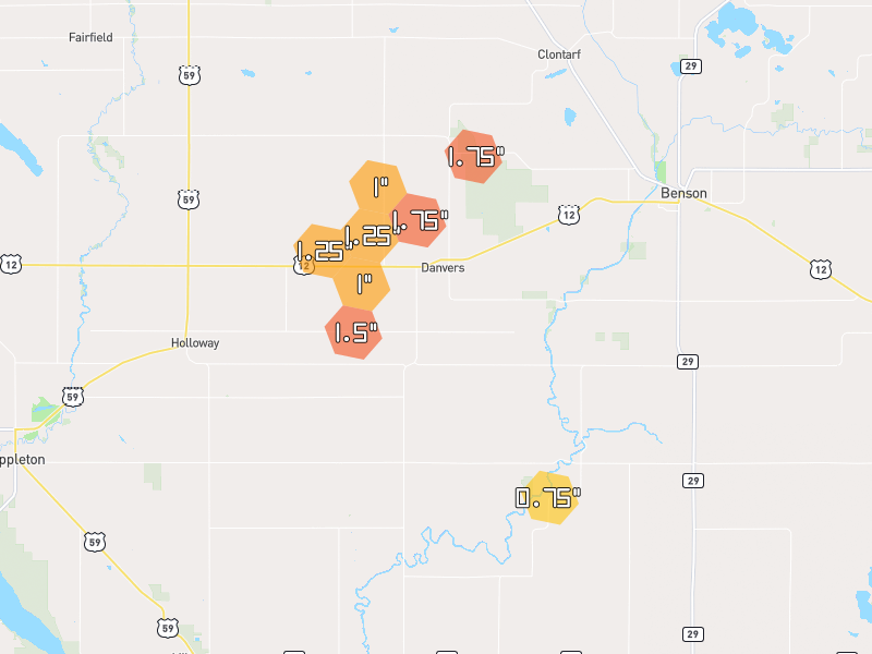 Hail map of Danvers, MN on Jun 4, 2026, hail up to 1.75"