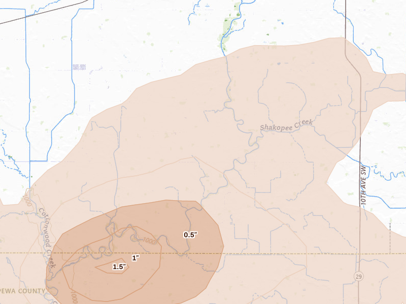 Radar-estimated hail-size map of the storm over Danvers, MN on Jul 19, 2026