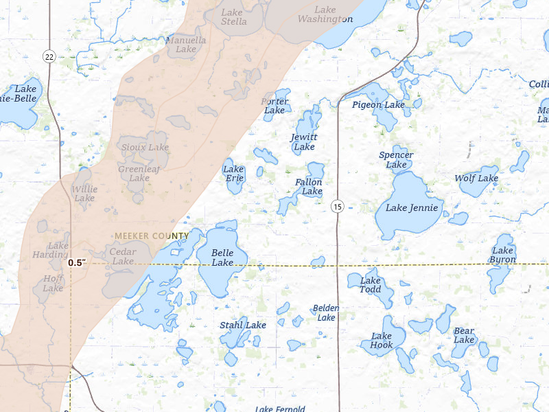 Radar-estimated hail-size map of the storm over Darwin, MN on Apr 23, 2026
