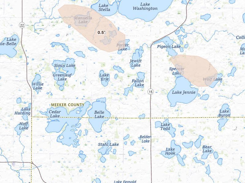 Radar-estimated hail-size map of the storm over Darwin, MN on Jul 19, 2026