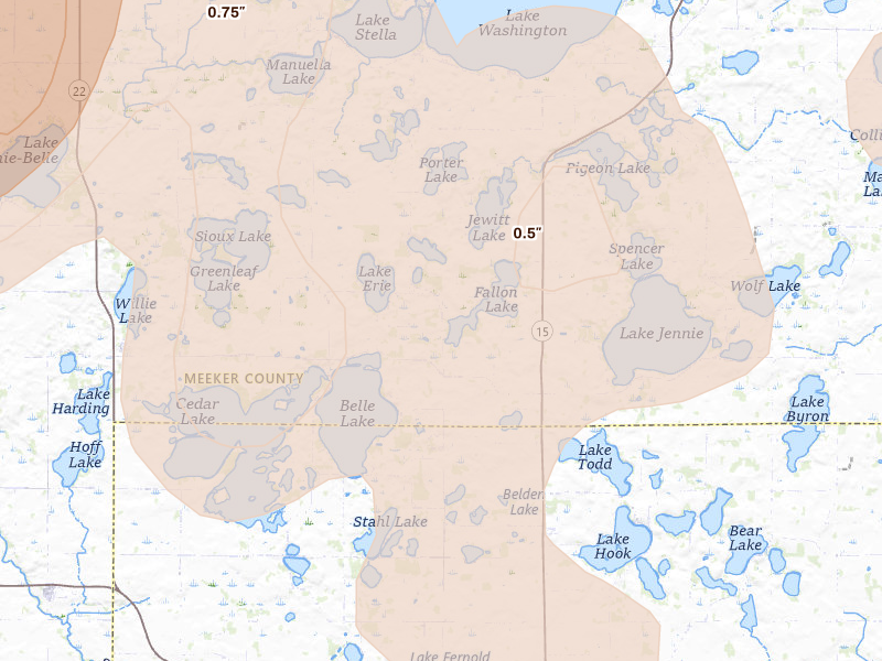 Radar-estimated hail-size map of the storm over Darwin, MN on Aug 7, 2026