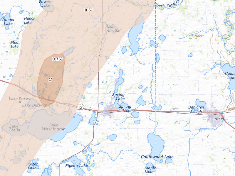 Radar-estimated hail-size map of the storm over Dassel, MN on Apr 23, 2026