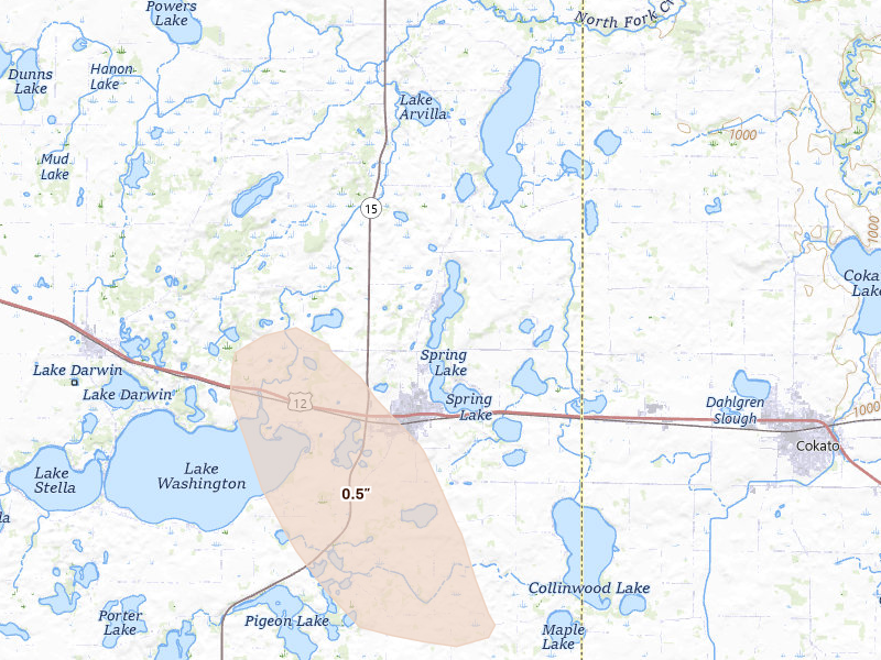 Radar-estimated hail-size map of the storm over Dassel, MN on Jun 7, 2026