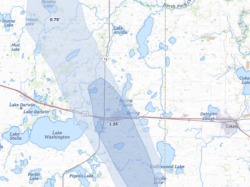 NEXRAD radar-signature map of the hail storm over Dassel, MN on Jun 7, 2026