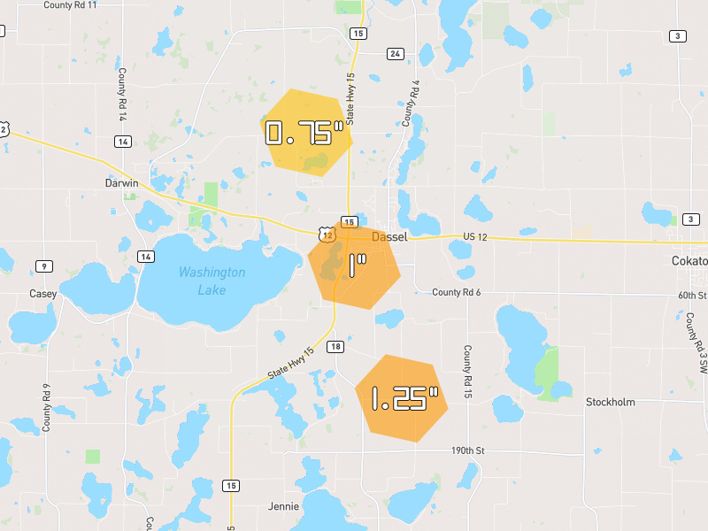 Hail map of Dassel, MN on Jun 7, 2026, hail up to 1.25"