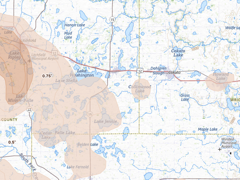 Radar-estimated hail-size map of the storm over Dassel, MN on Aug 7, 2026