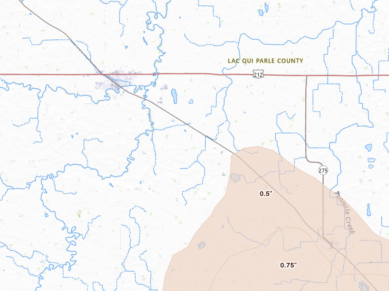 Radar-estimated hail-size map of the storm over Dawson, MN on Jun 5, 2026