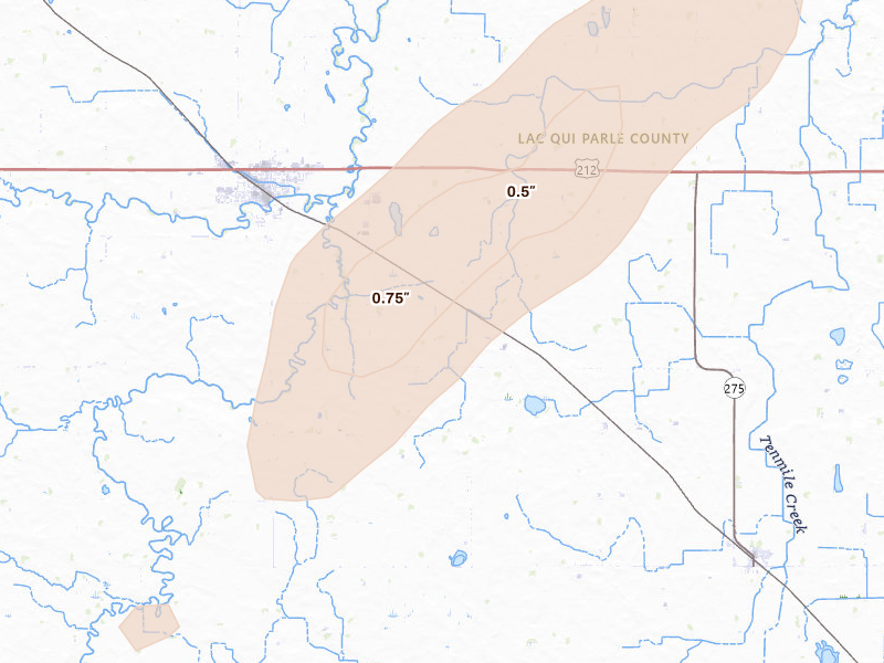 Radar-estimated hail-size map of the storm over Dawson, MN on Jun 29, 2026
