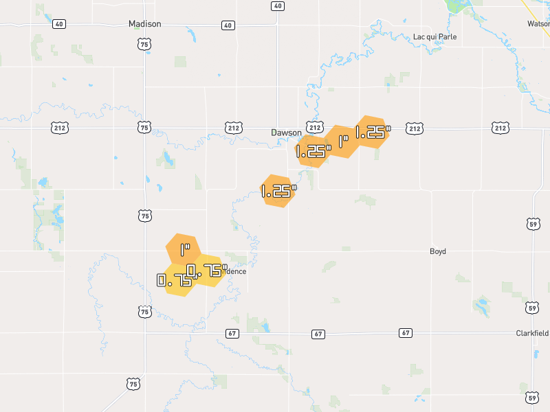 Hail map of Dawson, MN on Jun 30, 2026, hail up to 1.25"