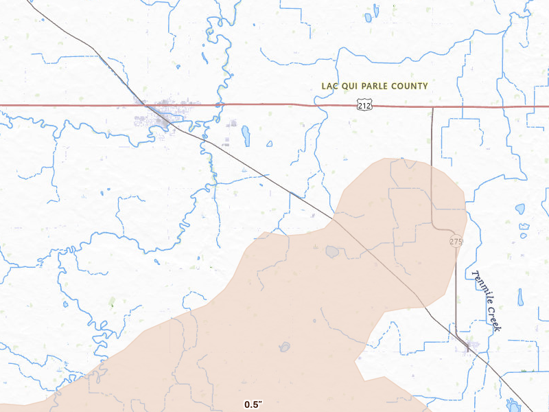Radar-estimated hail-size map of the storm over Dawson, MN on Jul 2, 2026