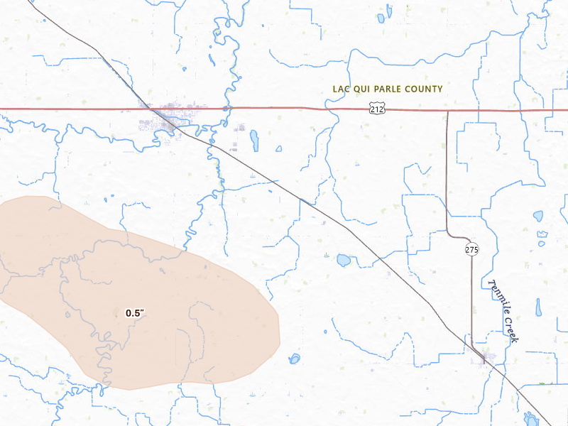 Radar-estimated hail-size map of the storm over Dawson, MN on Jul 6, 2026