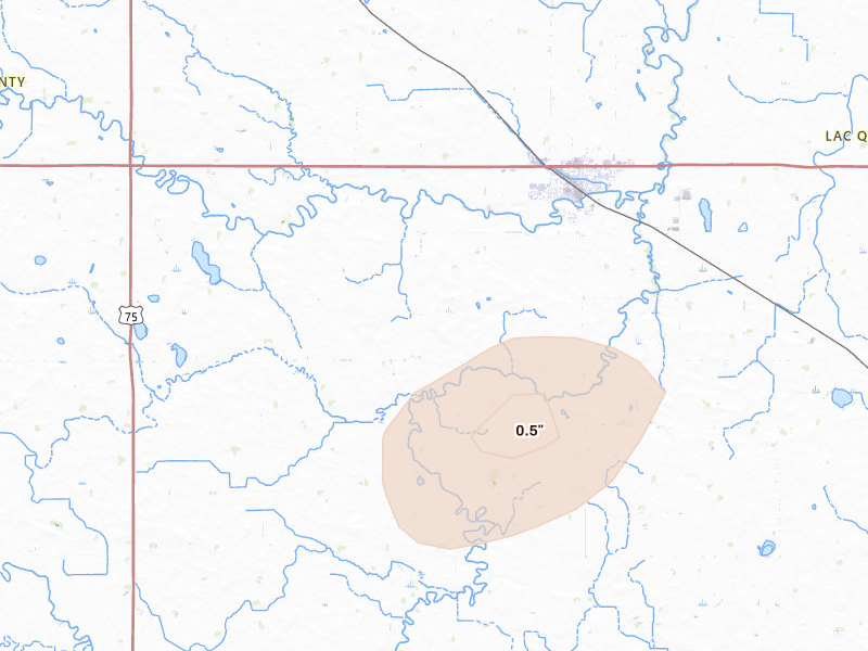 Radar-estimated hail-size map of the storm over Dawson, MN on Aug 6, 2026