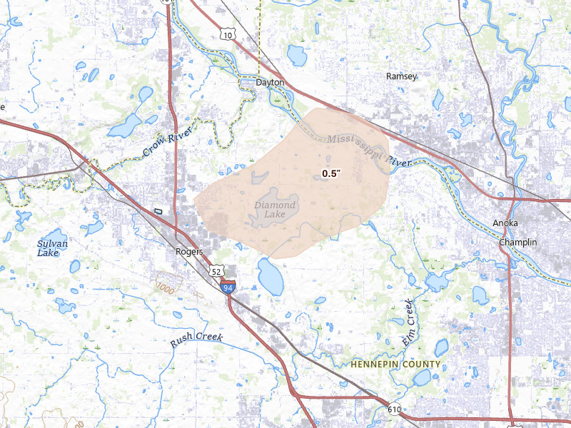 Radar-estimated hail-size map of the storm over Dayton, MN on Jul 19, 2026