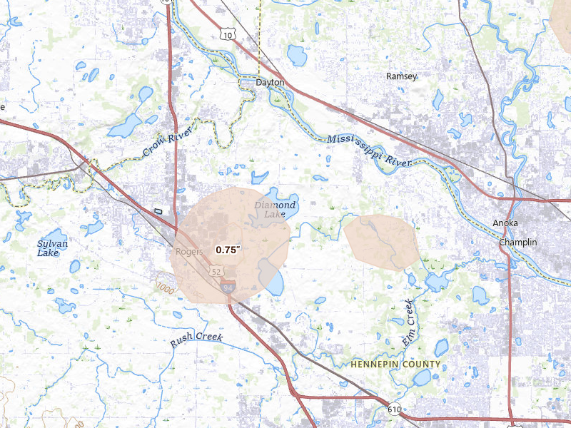 Radar-estimated hail-size map of the storm over Dayton, MN on Aug 8, 2026