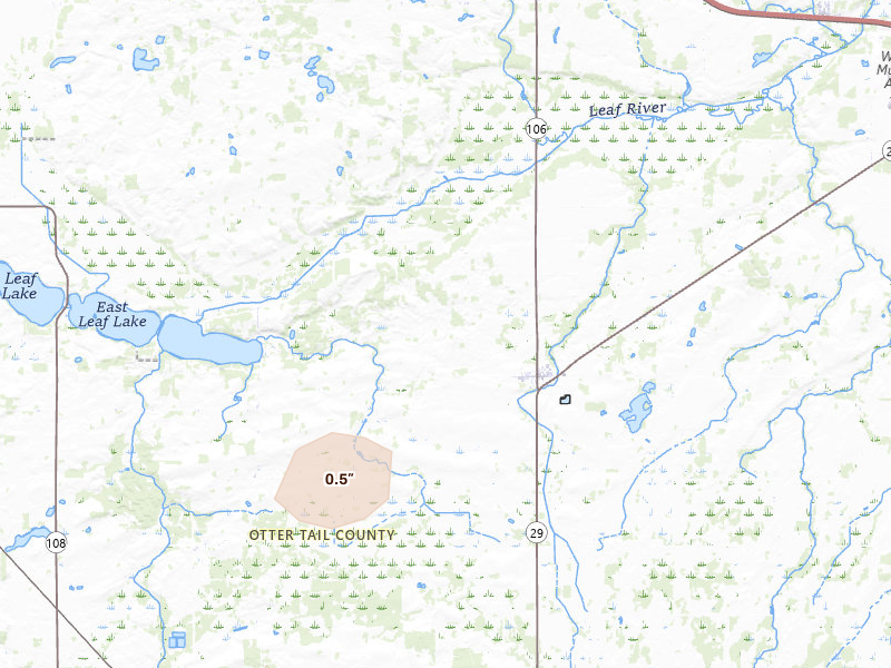 Radar-estimated hail-size map of the storm over Deer Creek, MN on May 26, 2026