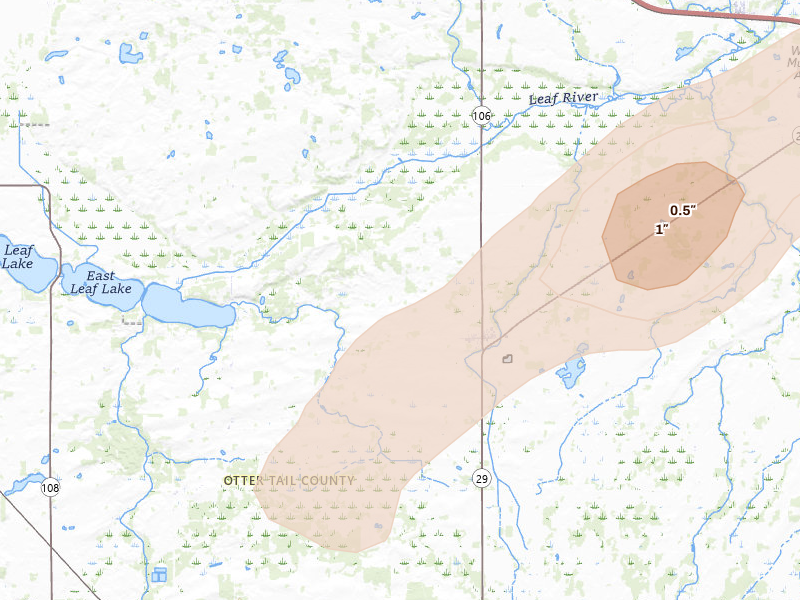 Radar-estimated hail-size map of the storm over Deer Creek, MN on Jun 10, 2026