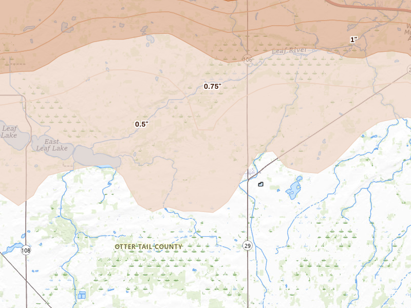 Radar-estimated hail-size map of the storm over Deer Creek, MN on Jun 29, 2026