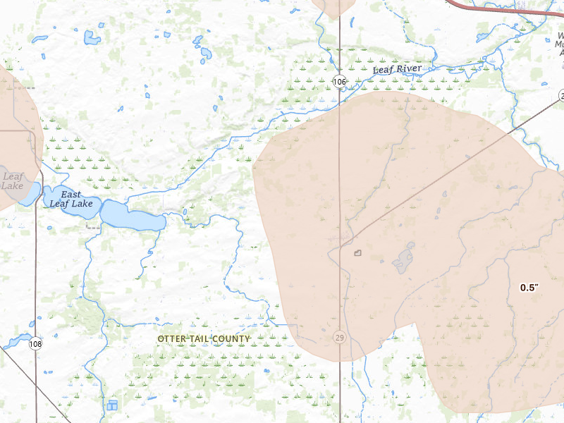 Radar-estimated hail-size map of the storm over Deer Creek, MN on Jul 6, 2026