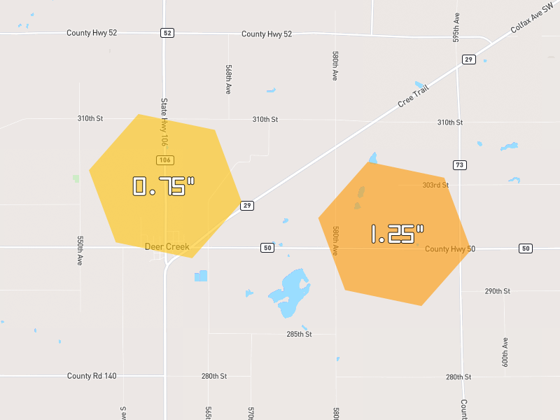 Hail map of Deer Creek, MN on Jul 7, 2026, hail up to 1.25"