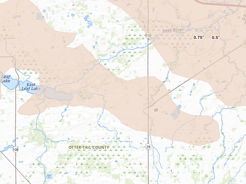 Radar-estimated hail-size map of the storm over Deer Creek, MN on Aug 17, 2026