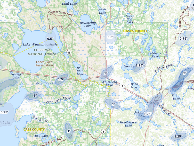 NEXRAD radar-signature map of the hail storm over Deer River, MN on Jun 29, 2026