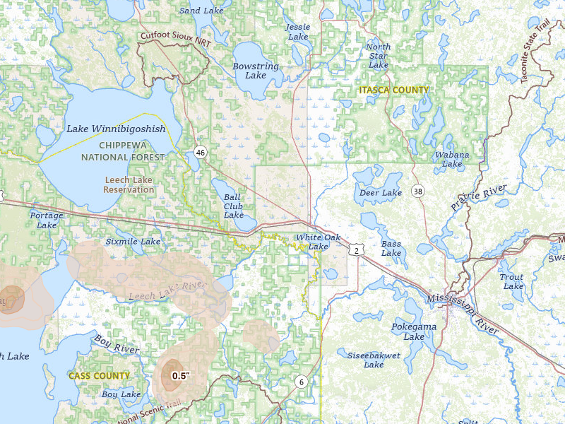 Radar-estimated hail-size map of the storm over Deer River, MN on Jul 3, 2026