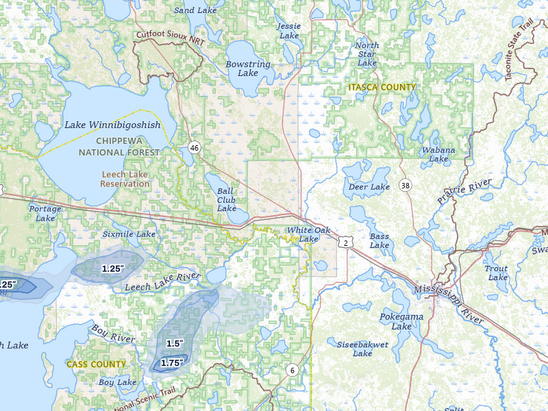 NEXRAD radar-signature map of the hail storm over Deer River, MN on Jul 3, 2026