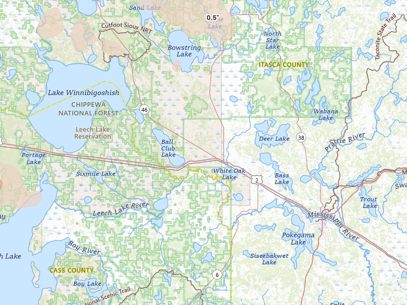 Radar-estimated hail-size map of the storm over Deer River, MN on Jul 24, 2026