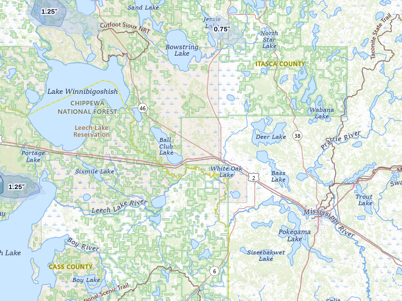 NEXRAD radar-signature map of the hail storm over Deer River, MN on Jul 24, 2026