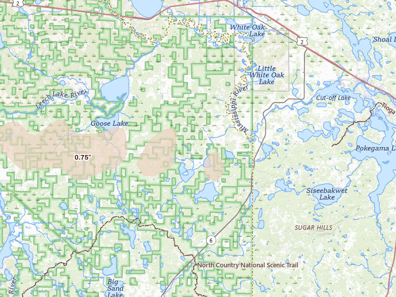 Radar-estimated hail-size map of the storm over Deer River, MN on Aug 7, 2026