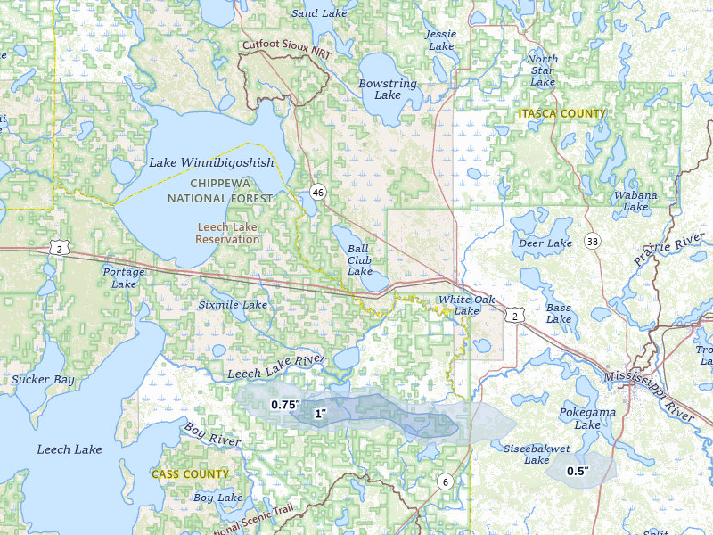 NEXRAD radar-signature map of the hail storm over Deer River, MN on Aug 7, 2026