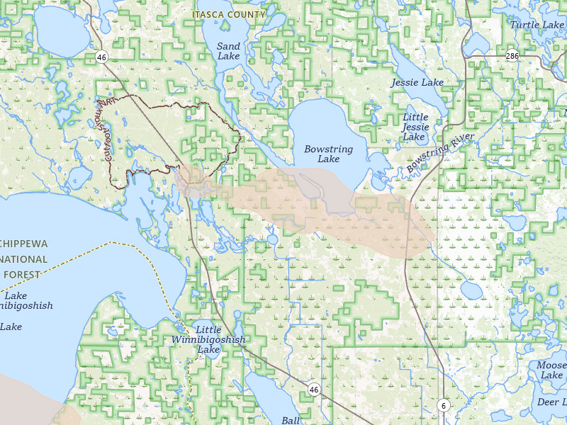 Radar-estimated hail-size map of the storm over Deer River, MN on Aug 17, 2026