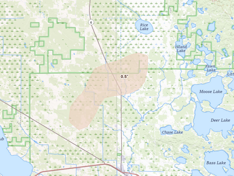 Radar-estimated hail-size map of the storm over Deer River, MN on Sep 11, 2026