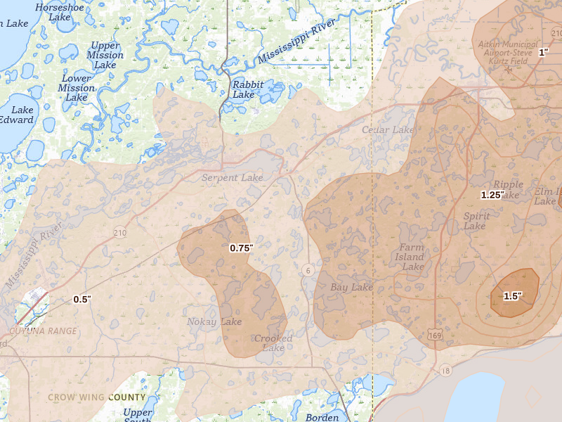 Radar-estimated hail-size map of the storm over Deerwood, MN on Jun 29, 2026