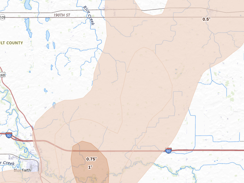 Radar-estimated hail-size map of the storm over Delavan, MN on Jun 29, 2026