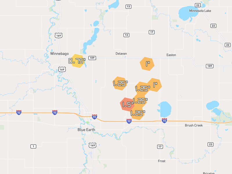 Hail map of Delavan, MN on Jun 30, 2026, hail up to 1.5"