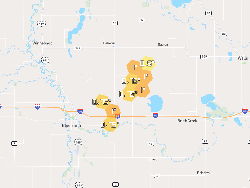 Hail map of Delavan, MN on Jul 1, 2026, hail up to 1"