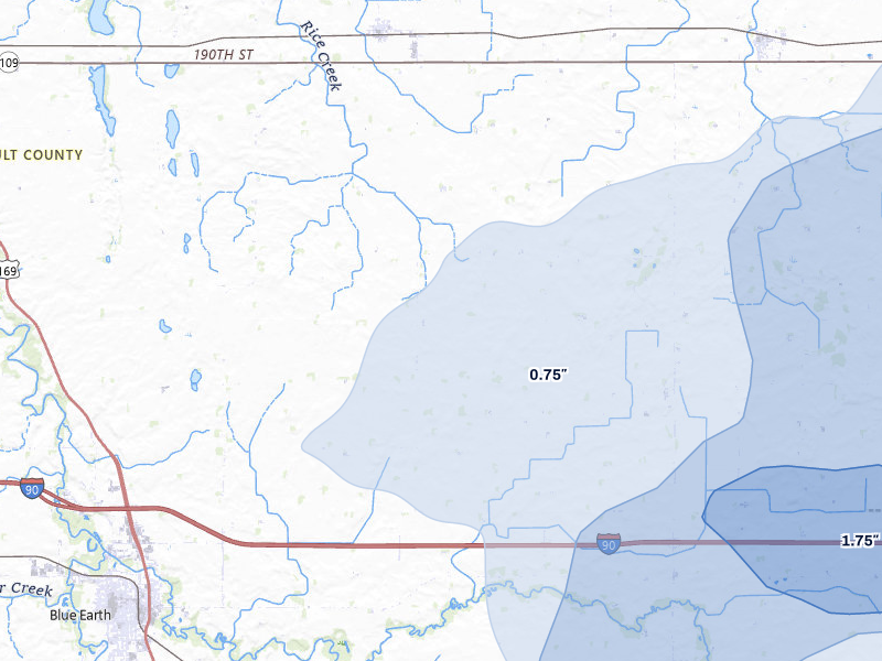 NEXRAD radar-signature map of the hail storm over Delavan, MN on Jul 8, 2026