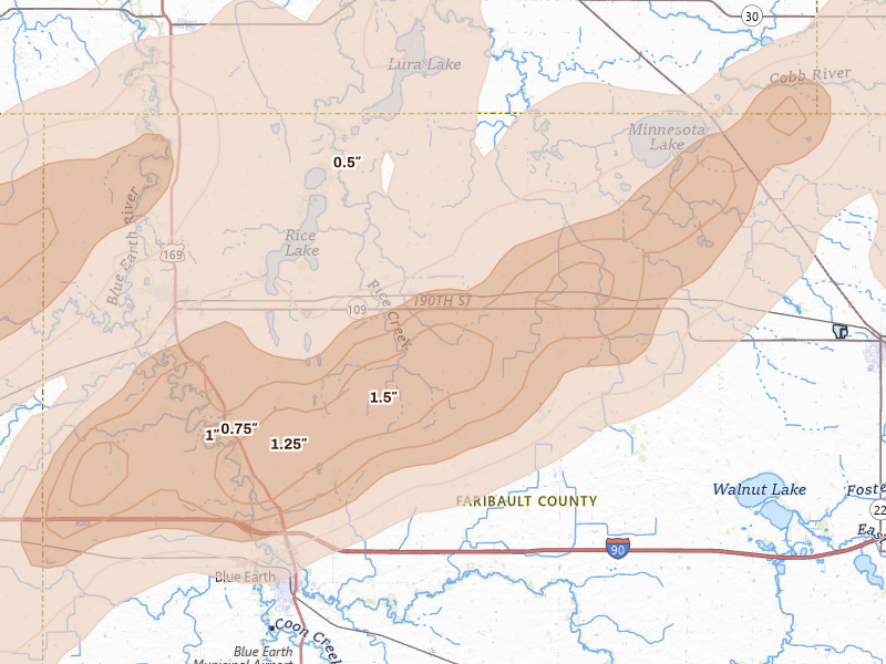 Radar-estimated hail-size map of the storm over Delavan, MN on Sep 1, 2026