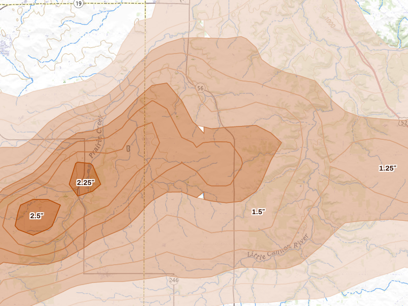 Radar-estimated hail-size map of the storm over Dennison, MN on Apr 13, 2026