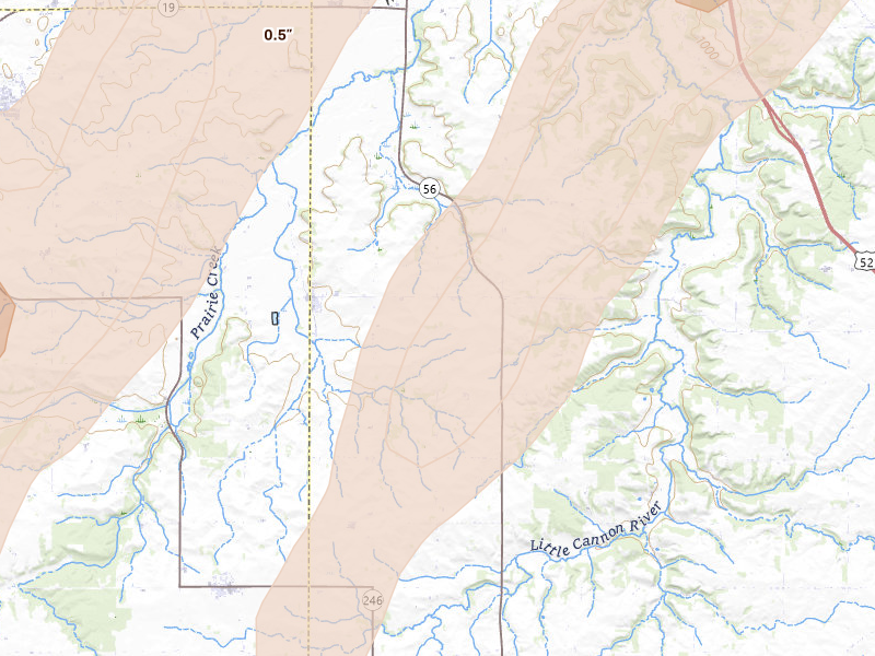 Radar-estimated hail-size map of the storm over Dennison, MN on Apr 17, 2026
