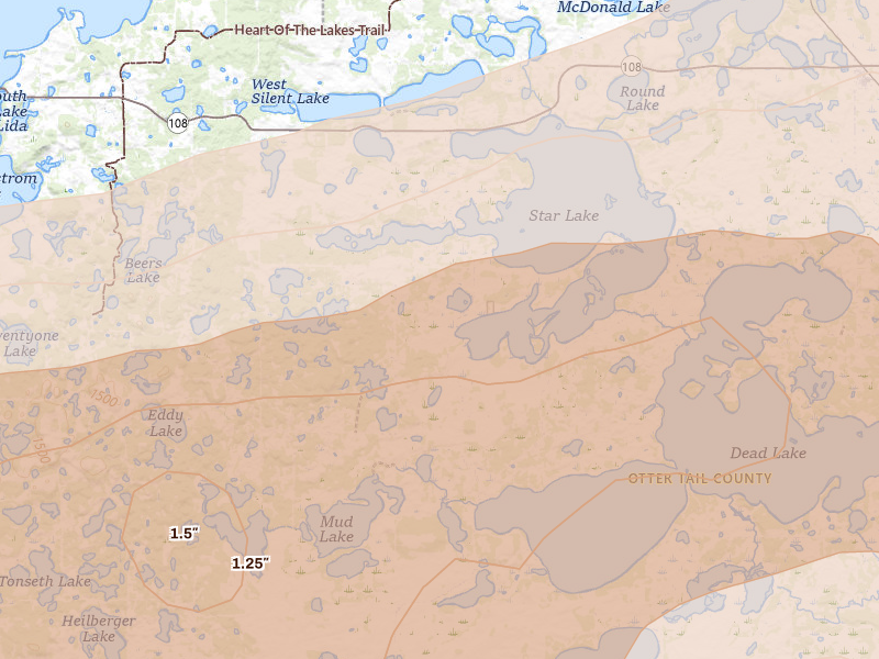 Radar-estimated hail-size map of the storm over Dent, MN on Jun 29, 2026