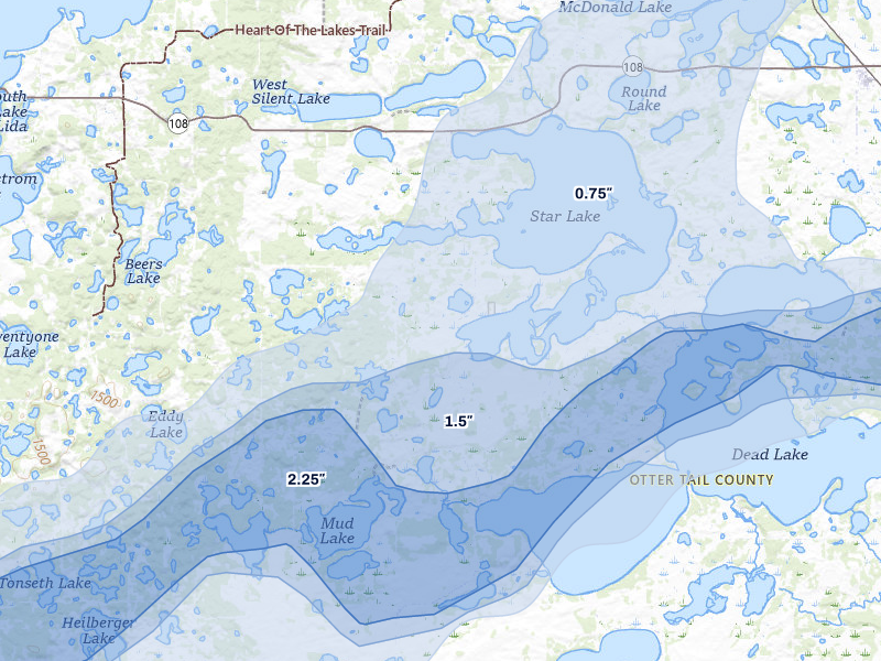 NEXRAD radar-signature map of the hail storm over Dent, MN on Jun 29, 2026