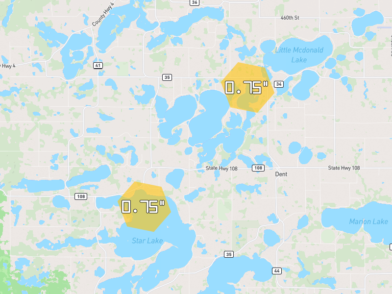 Hail map of Dent, MN on Jun 30, 2026, hail up to 0.75"