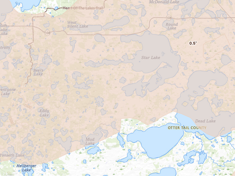 Radar-estimated hail-size map of the storm over Dent, MN on Jul 6, 2026